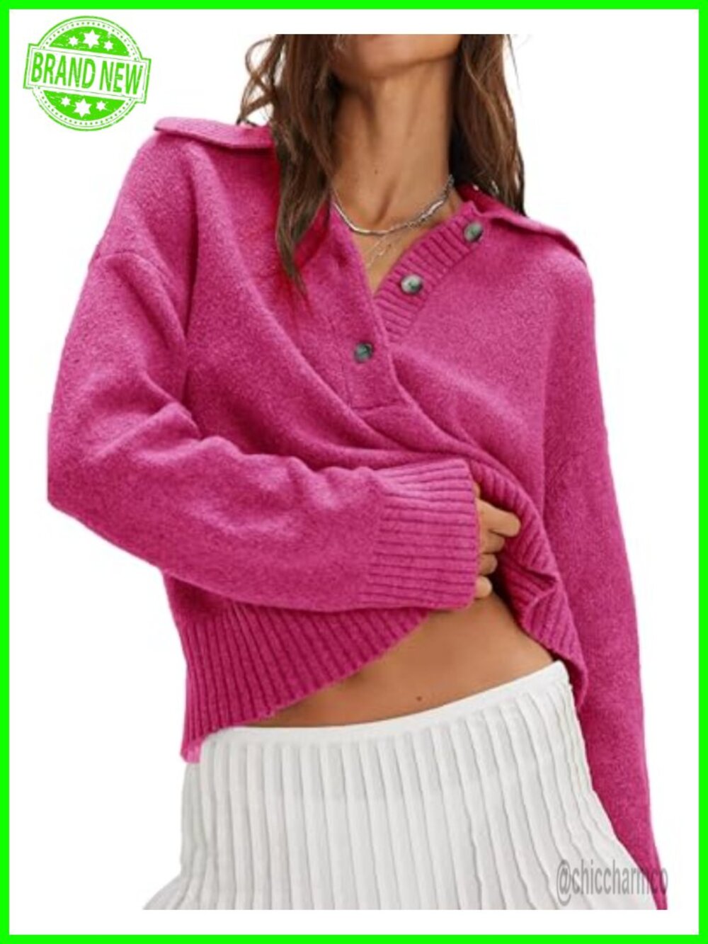 Cable Knit Polo Sweater V Neck Long Sleeve Button Pullover